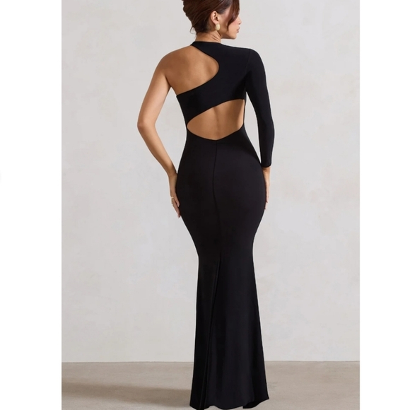 Club L London Tyra Black Asymmetric Neck Cutout Maxi Dress Gown New Size 6 - Picture 2 of 9